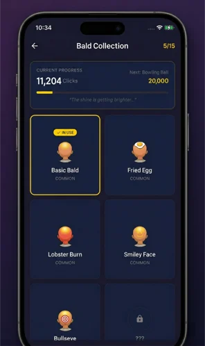 Bald Clicker collection screen showing five of fifteen characters unlocked across a rarity-based grid