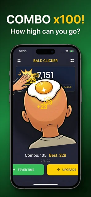 Bald Clicker gameplay screen showing a live combo of 105 and a best combo of 228