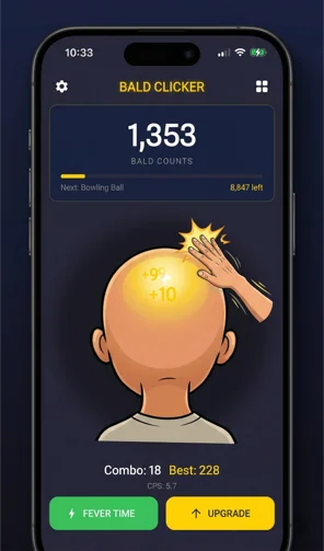 Bald Clicker main game screen with a hand tapping a bald character, coins, combo count, Fever, and Upgrade controls