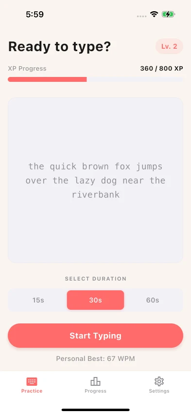 TypeBlitz test setup screen with duration and text-type choices